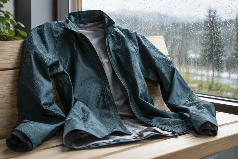 Regenjacke mit Wassertropfen auf einer Bank am Fenster.