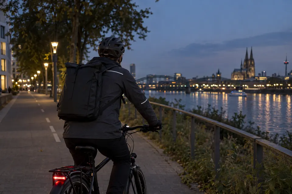 Radfahrende Person mit reflektierenden Streifen an Jacke und Ärmel.